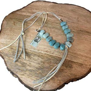 Jewelry Junkie Chunky Amazonite Necklace with Tan Fringe Tassle